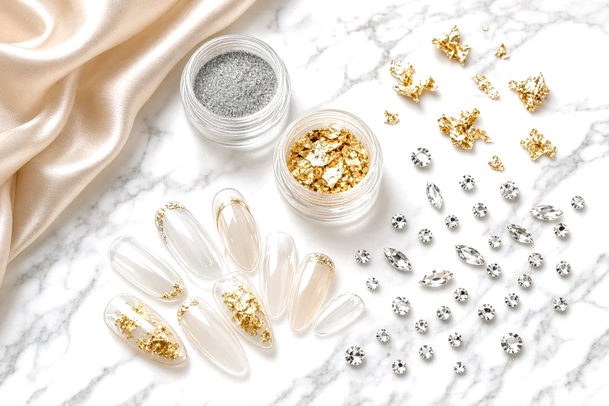 Nail add-ons including chrome, shape, and design