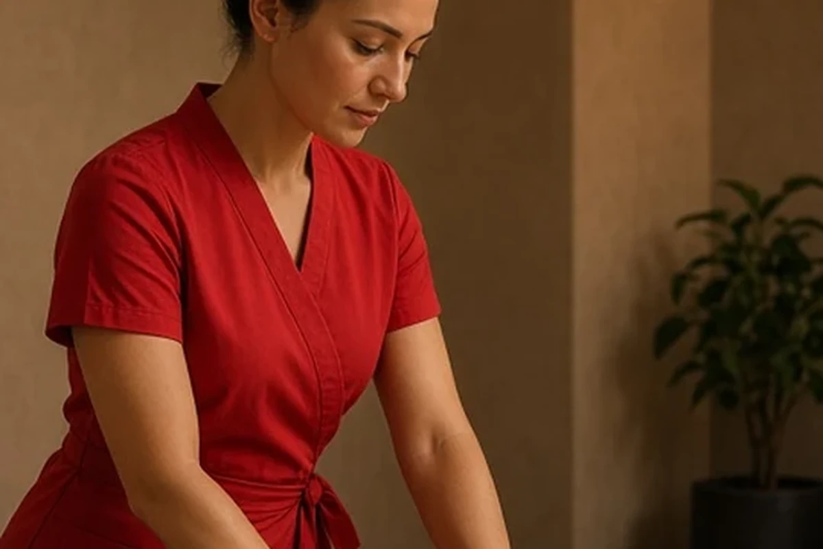Private candlelit massage room with our licensed masseuse in red