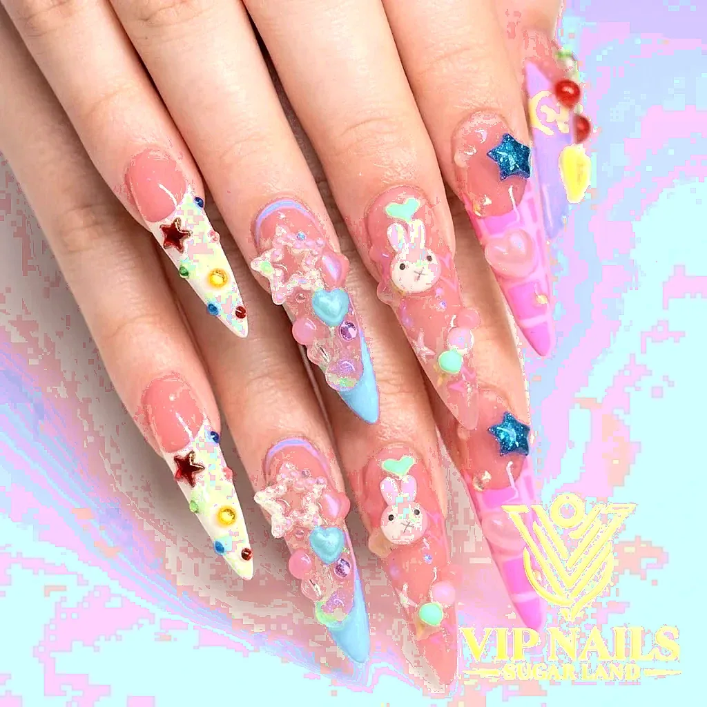 XL stiletto nails with maximalist 3D charms and kawaii stars