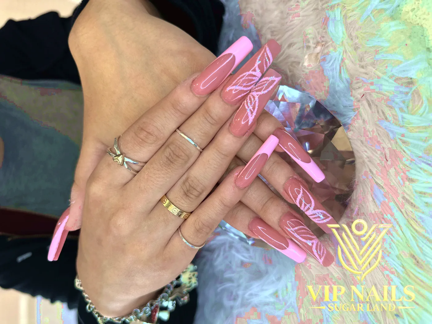 XL dusty rose French tips with glitter butterfly wing art