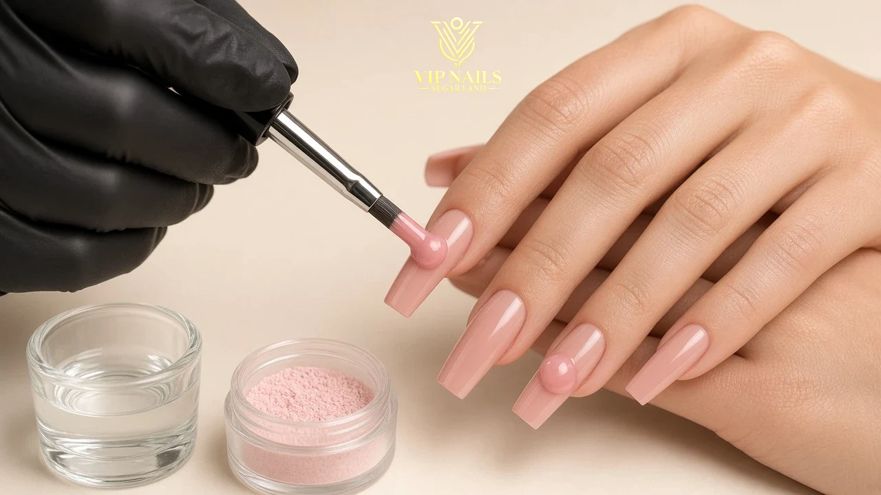 Illustrative example of acrylic application: a brush placing pink acrylic on a long coffin nail
