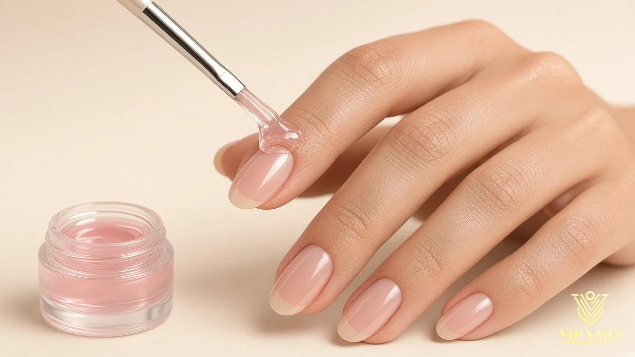 Illustrative example of builder gel application: a brush shaping clear-pink builder gel on a natural almond nail