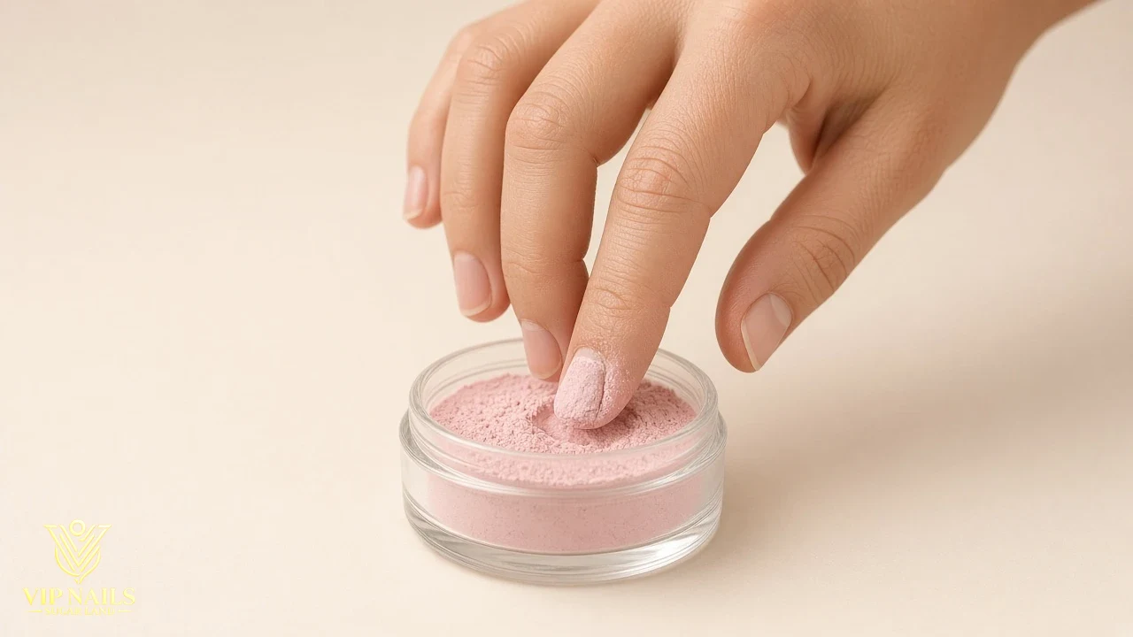 Illustrative example of dip powder application: a fingertip dipped into pink powder
