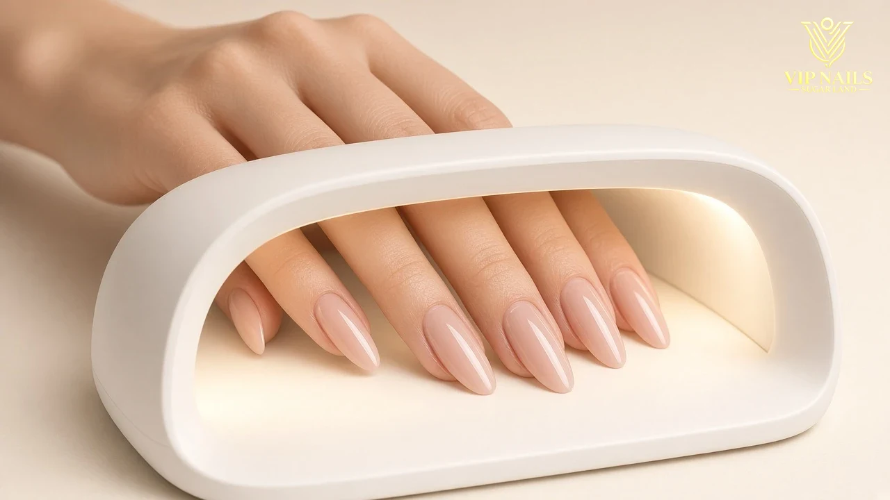 Illustrative example of Gel X application: long nude almond nails curing under a UV lamp