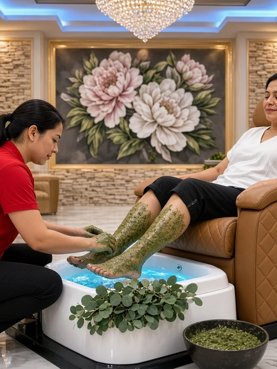 Herbal Natural Spa Pedicure with botanical scrub at spa chair