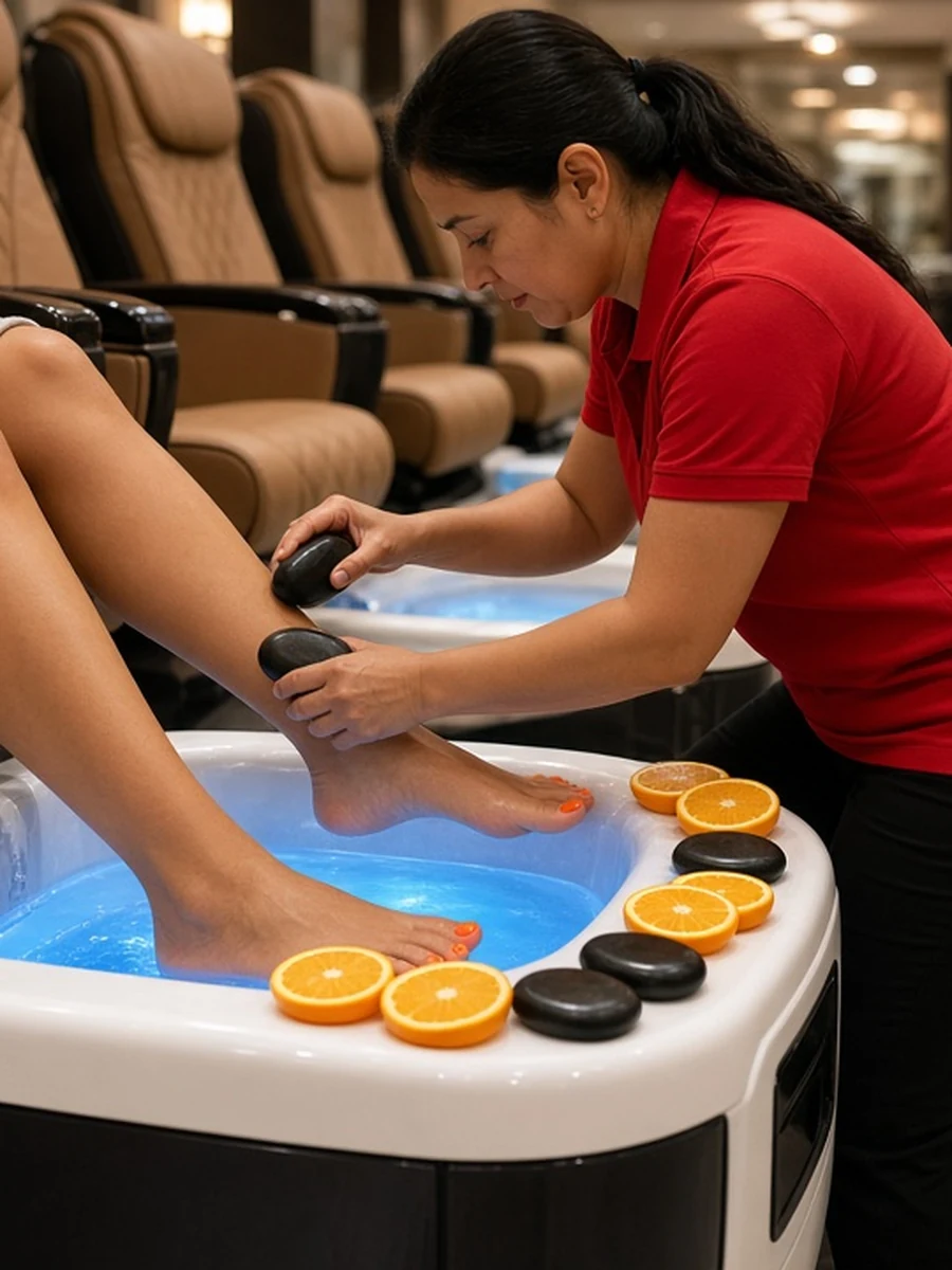 Hot Stone Orange Pedicure spa chair with citrus scrub