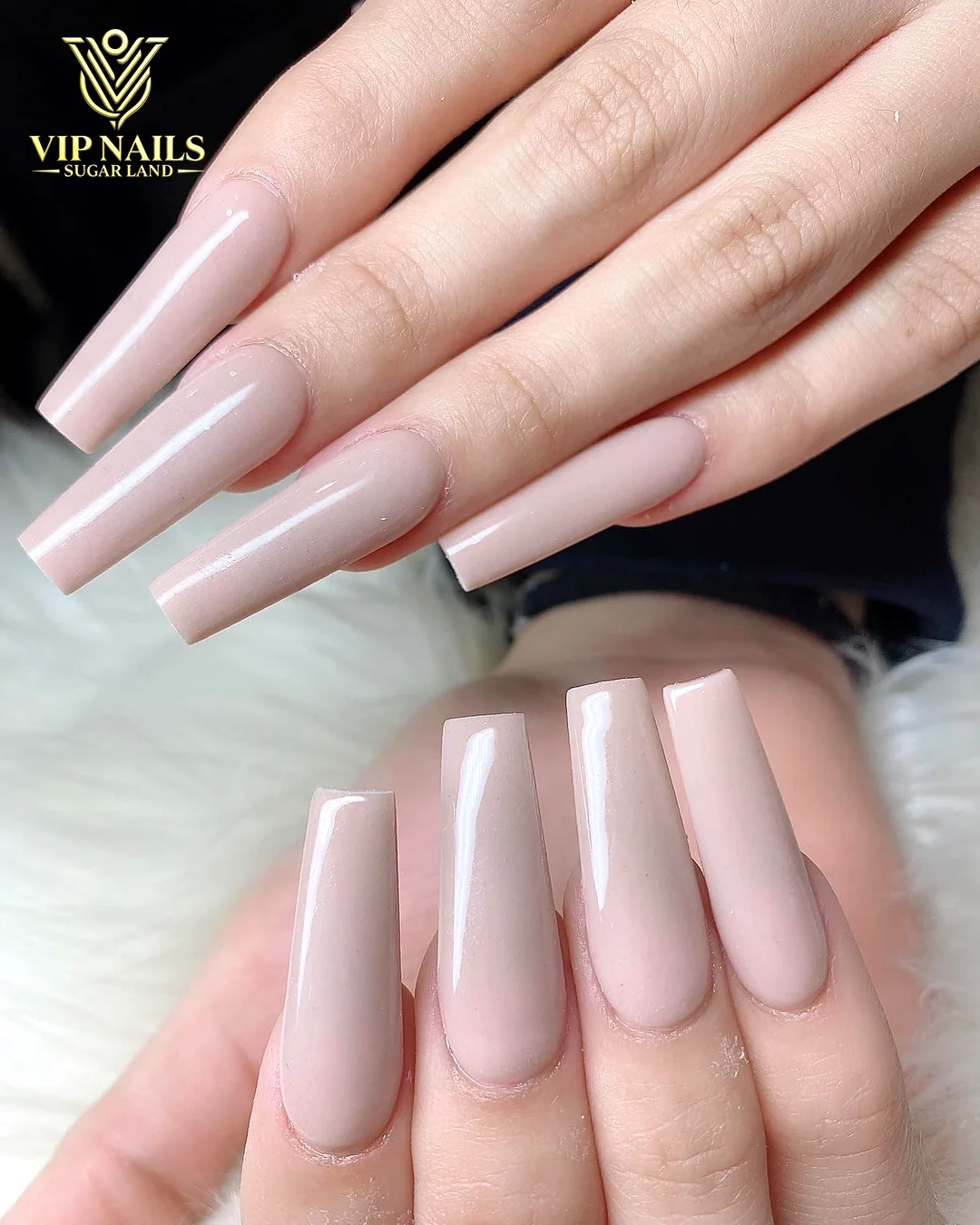 Long solid nude square acrylic set by VIP Nails Sugar Land