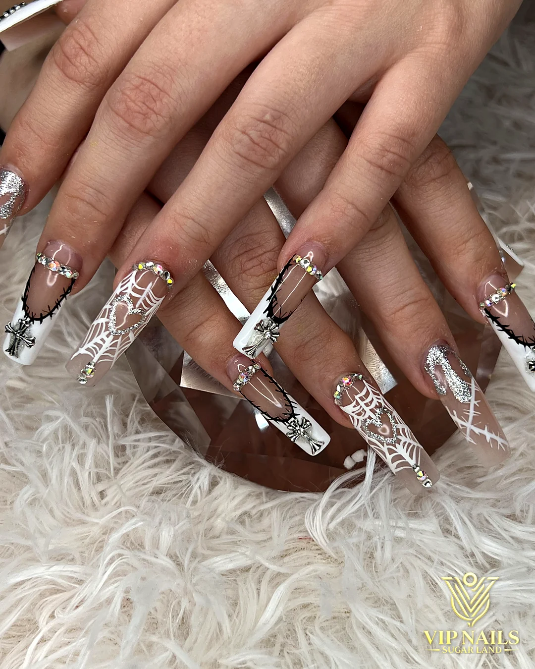 Long clear coffin acrylic set with encapsulated lace by VIP Nails Sugar Land
