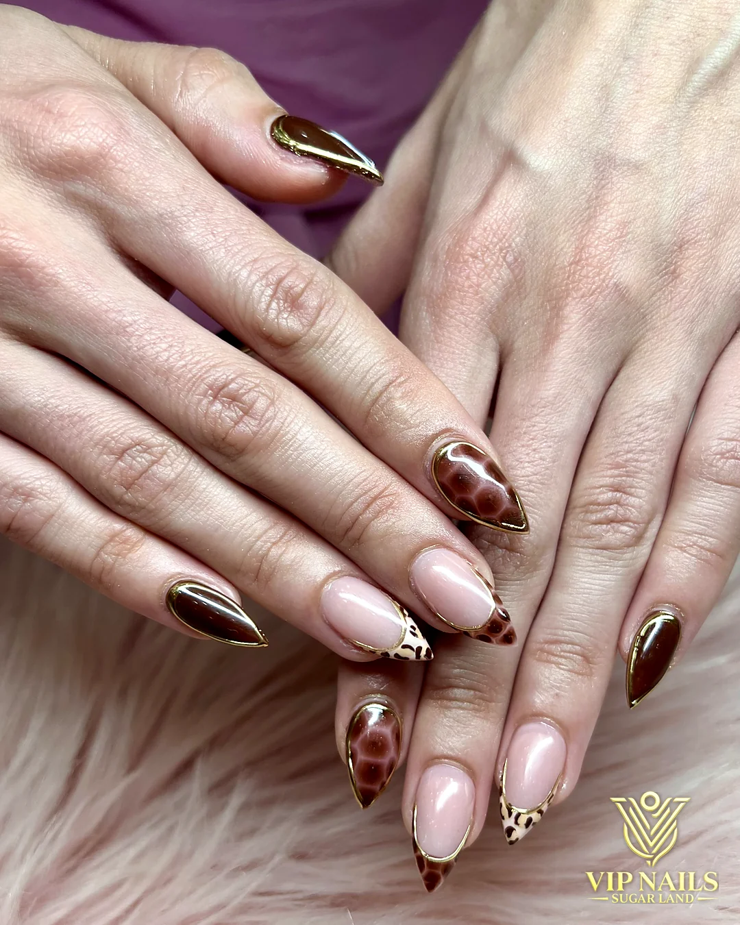 Nude almond Gel X set with brown and gold chrome art by VIP Nails Sugar Land