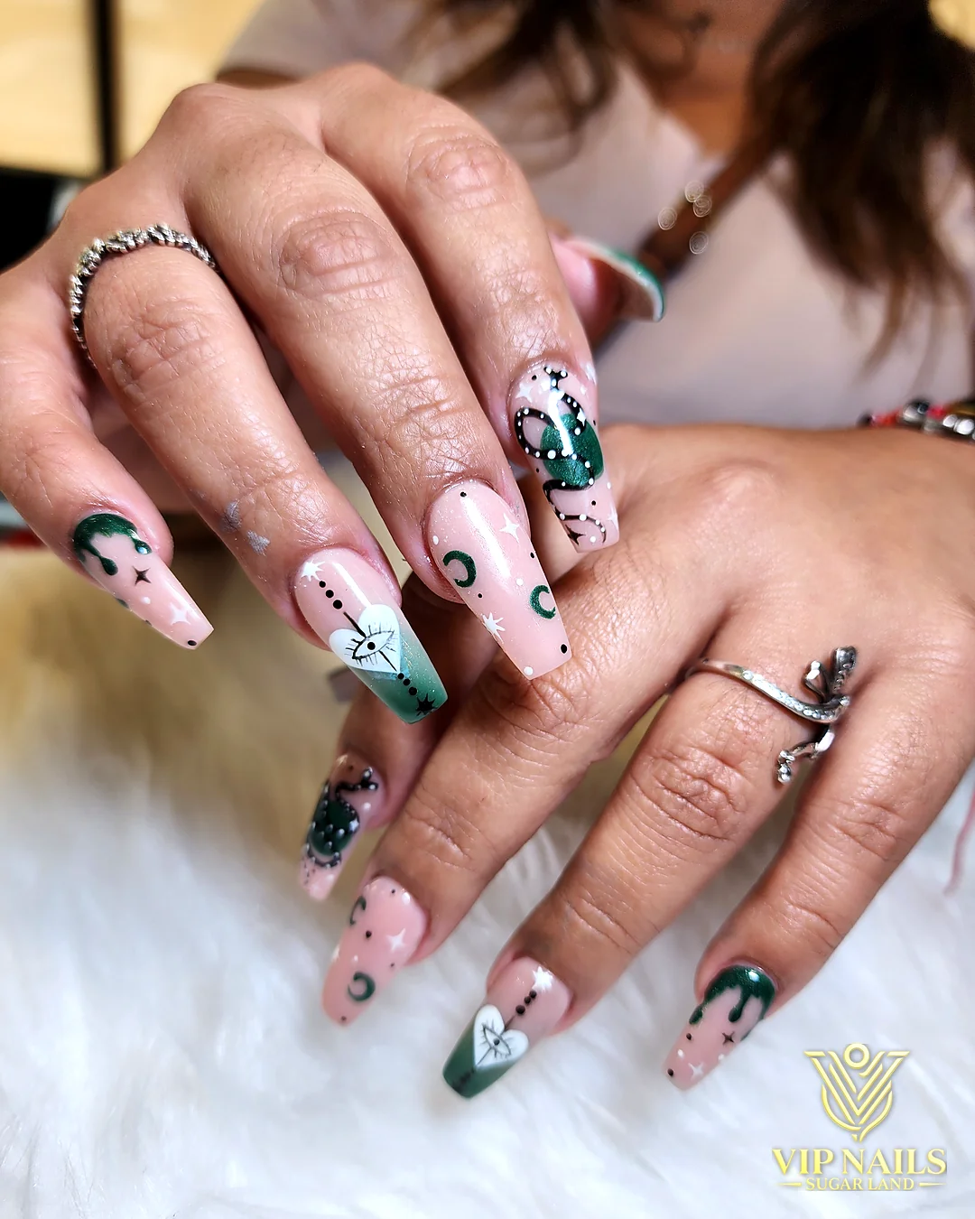 Medium nude coffin set with green hand-painted art by VIP Nails Sugar Land