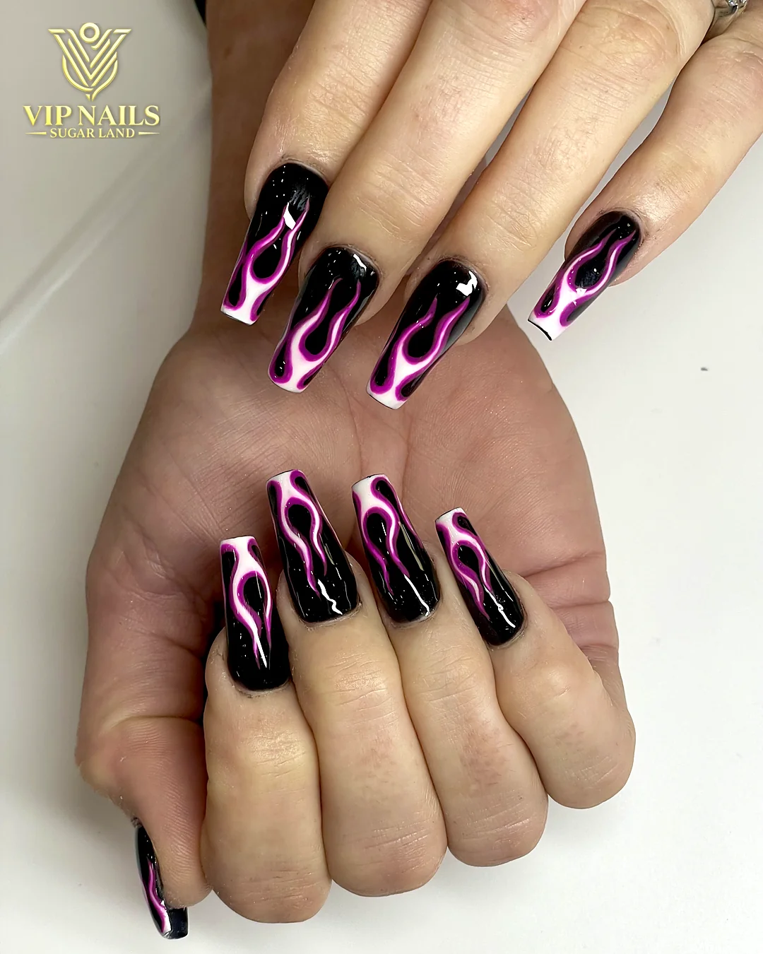 Black square set with pink flame art by VIP Nails Sugar Land