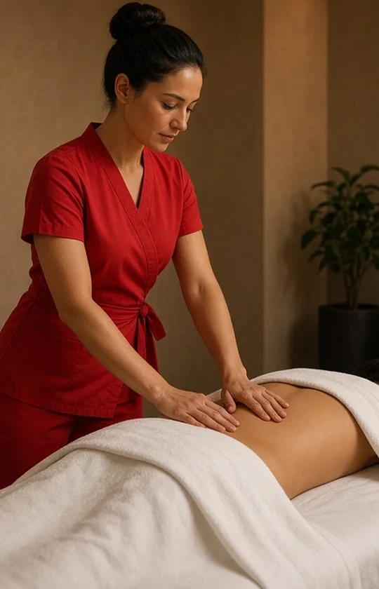 Licensed masseuse in red — private candlelit massage room